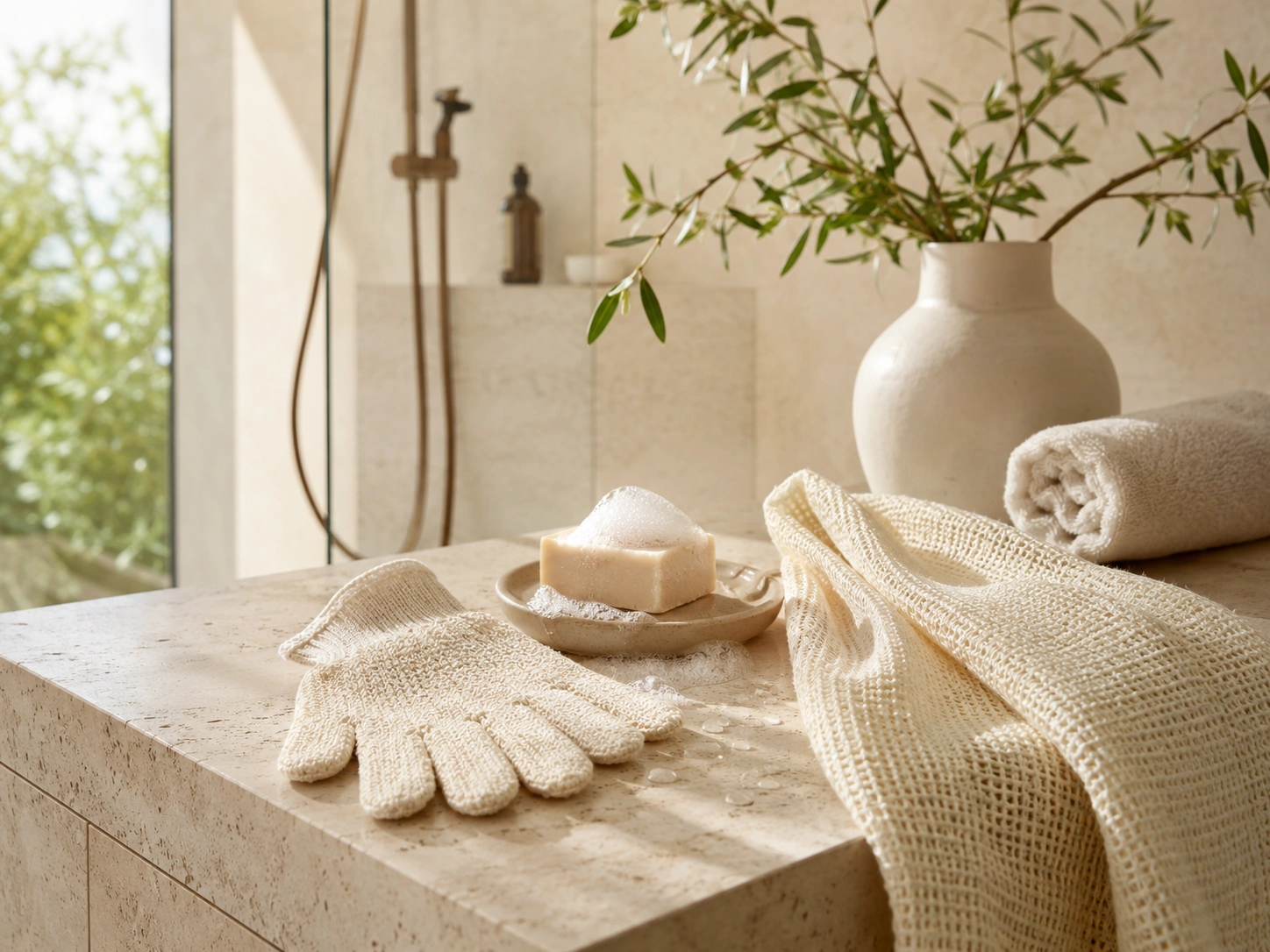 Natural bath tools in a soft spa bathroom scene
