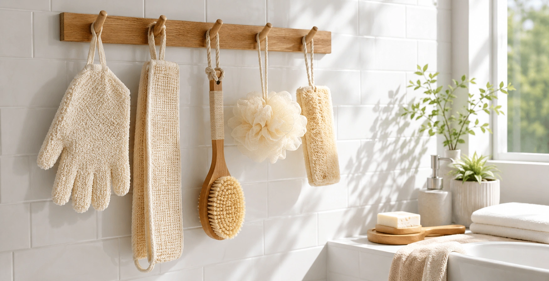 Bath tools hanging to dry in a clean bathroom