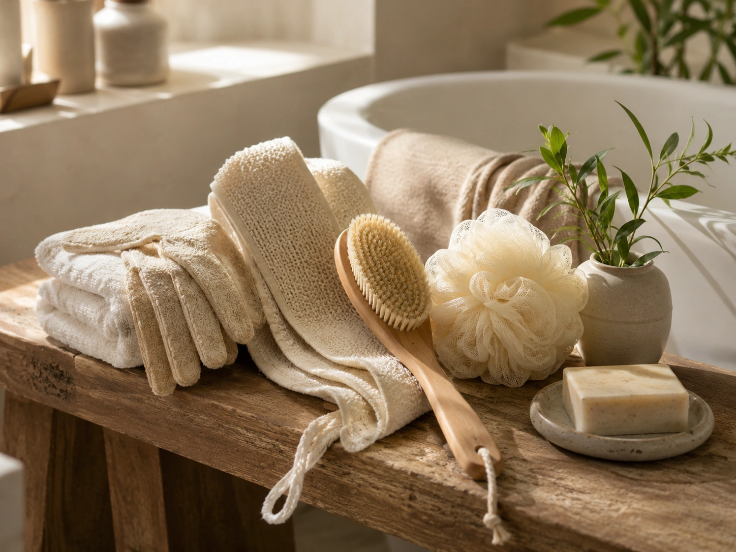 Natural bath tools for a relaxing shower care routine